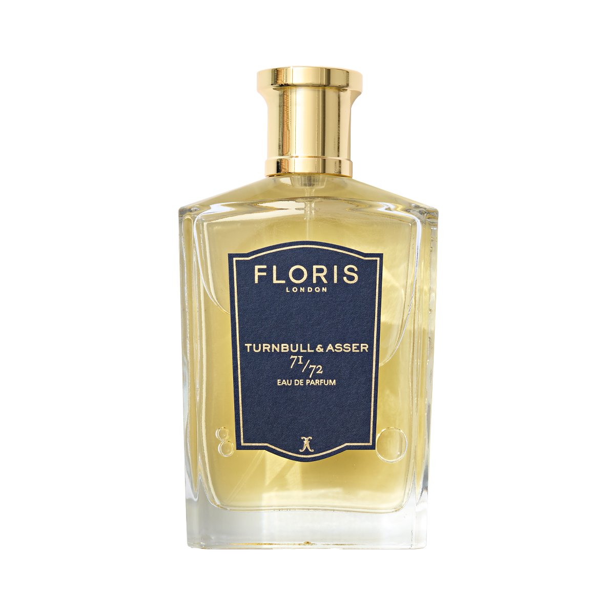 A clear glass bottle of Floris London 71/72 Eau de Parfum, a bespoke fragrance inspired by Jermyn Street and men's fashion.