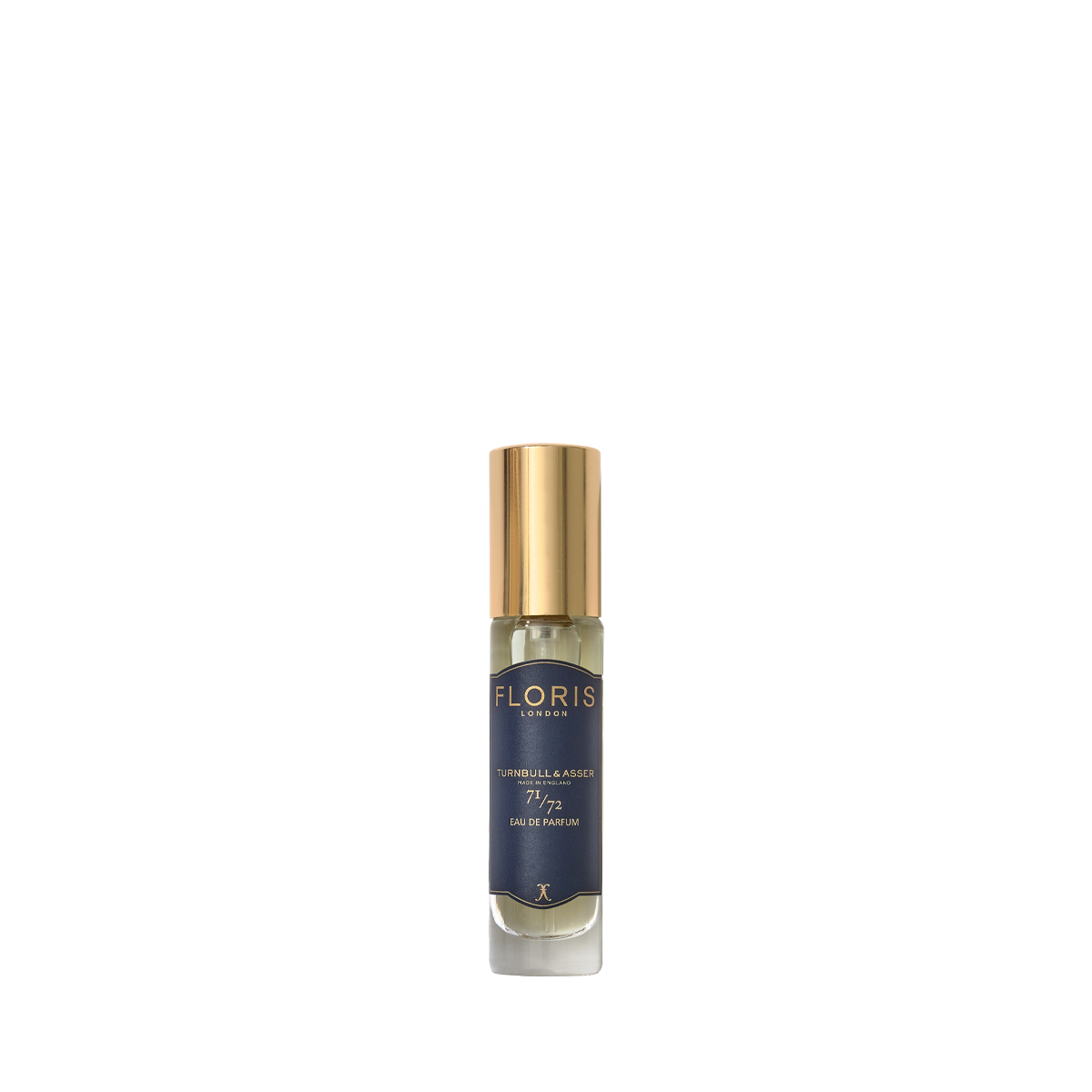 A small glass bottle of Floris London 71/72 Eau de Parfum with a gold cap and navy label, set against a plain white background.