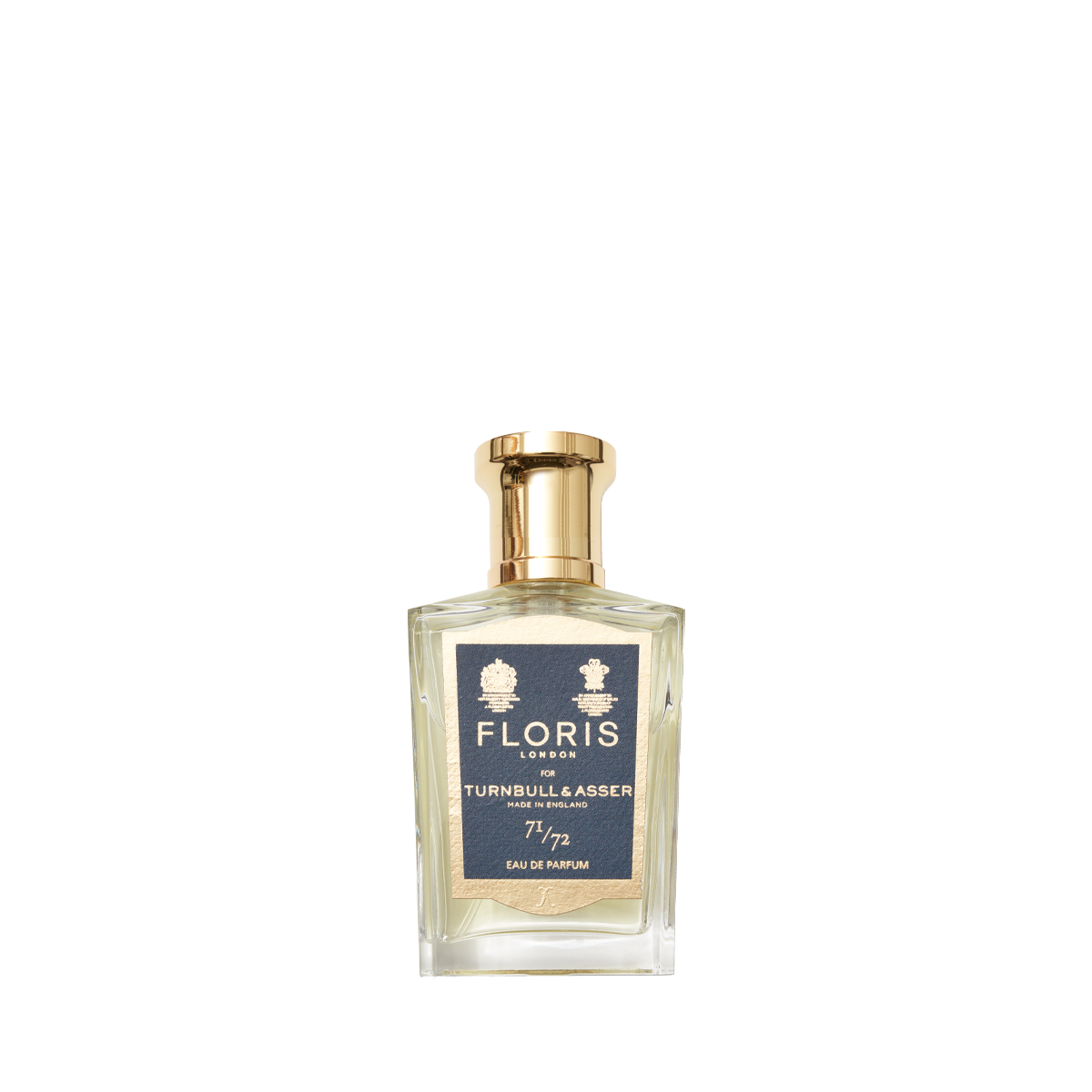 A clear glass bottle of Floris London 71/72 - Eau de Parfum, gold cap and blue label, inspired by Jermyn Street, on a white background.