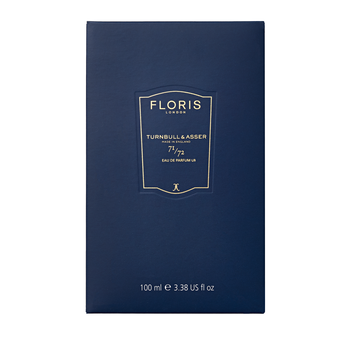 A navy blue rectangular box labeled "Floris London 71/72 - Eau de Parfum," a bespoke fragrance inspired by Jermyn Street men's style.