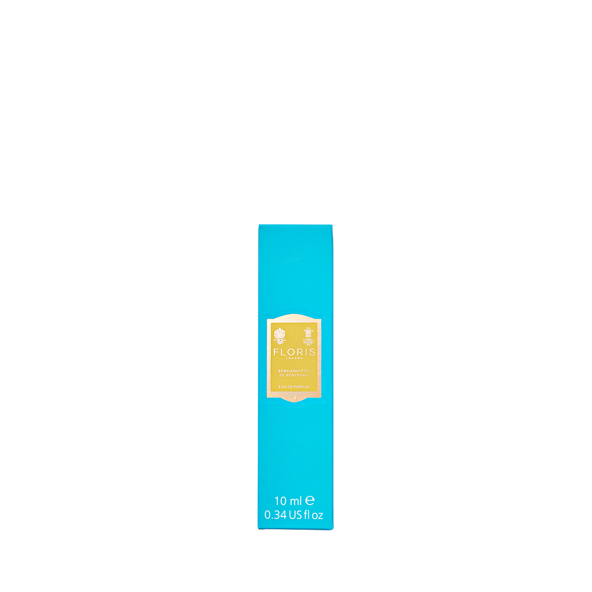 A blue rectangular box with a yellow Floris London label displays Bergamotto di Positano Eau de Parfum, 10ml (0.34 US fl oz), on a white background.