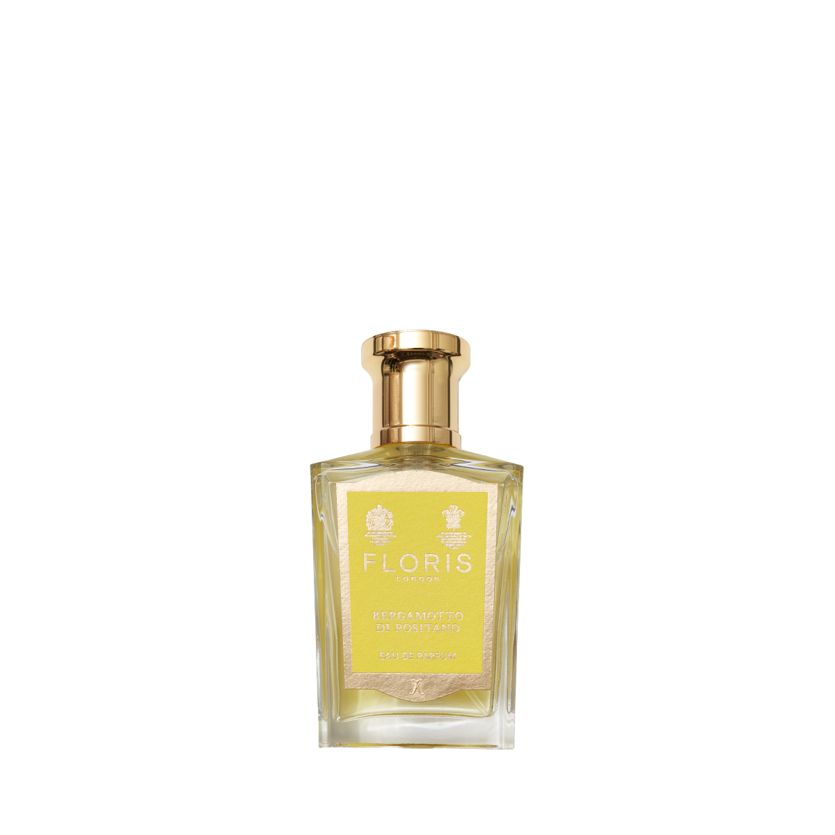 A clear glass bottle of Floris London Bergamotto di Positano Eau de Parfum with a gold cap and yellow label offers a fresh Mediterranean bergamot scent.