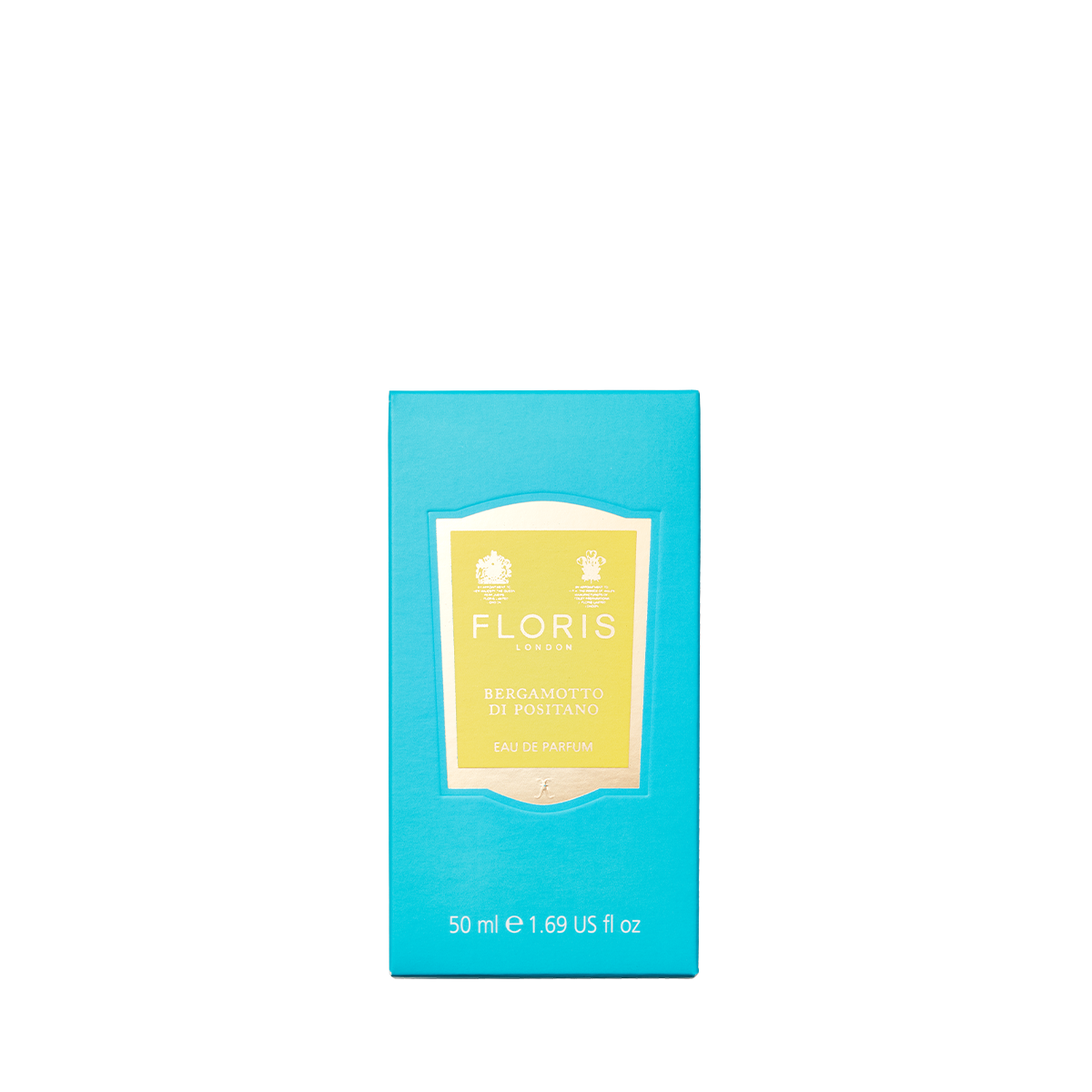 A turquoise box of Floris London Bergamotto di Positano Eau de Parfum, 50ml, a fresh unisex bergamot scent, shown on a plain white background.