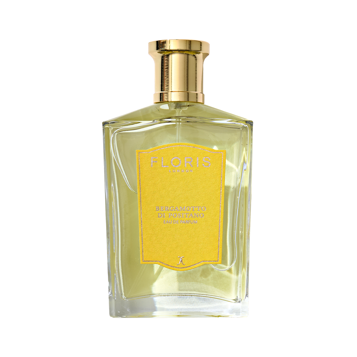 A clear glass bottle of Floris London Bergamotto di Positano Eau de Parfum, featuring a gold cap, yellow label, and pale yellow fragrance inside.