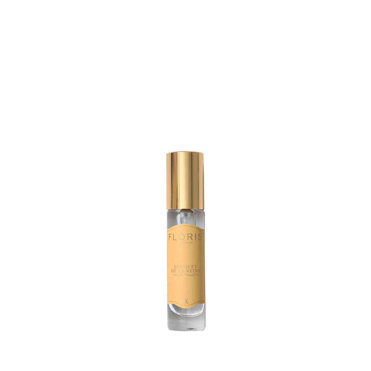 A small clear glass Floris London Bouquet de La Reine Eau de Toilette bottle with a gold cap and beige label, displayed on a plain white background.