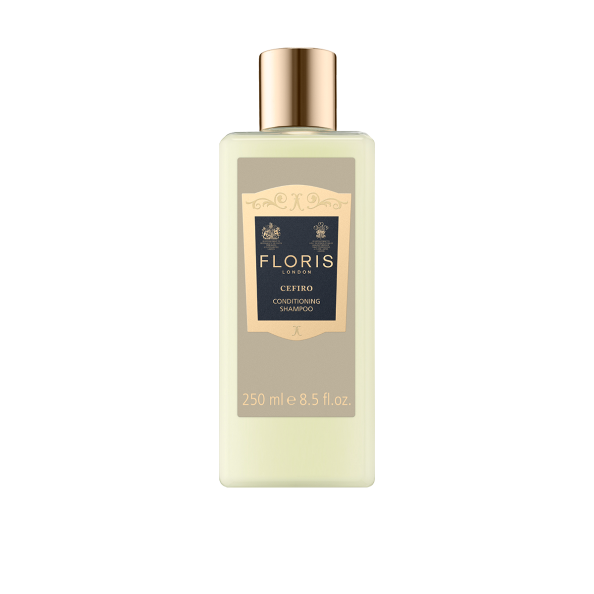 A 250ml bottle of Floris London Cefiro Conditioning Shampoo with Pro-Vitamin B5, gold cap, and beige label on a plain white background.