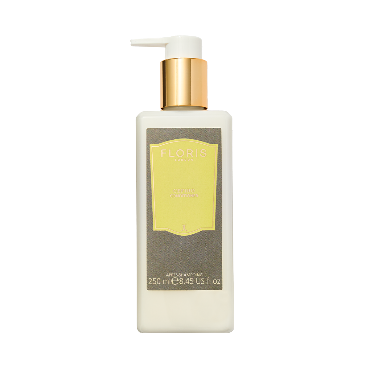 A rectangular Floris London Cefiro Conditioner bottle with a gold pump and beige label, ideal for scalp care and hydration in a 250 ml (8.45 oz) size.
