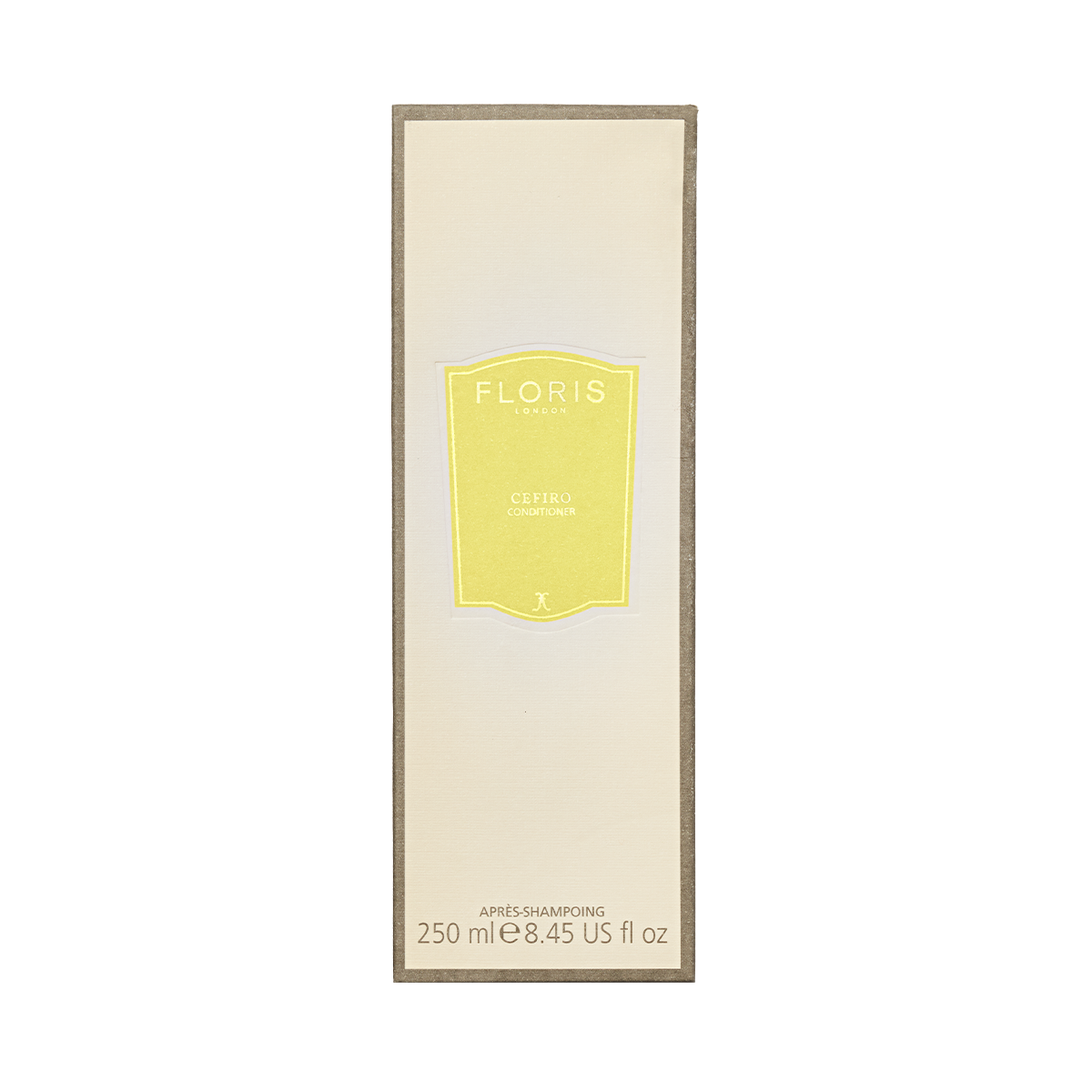 Rectangular box of Floris London Cefiro Conditioner, 250 ml / 8.45 US fl oz, with cream and yellow design—ideal for scalp care and hair hydration.