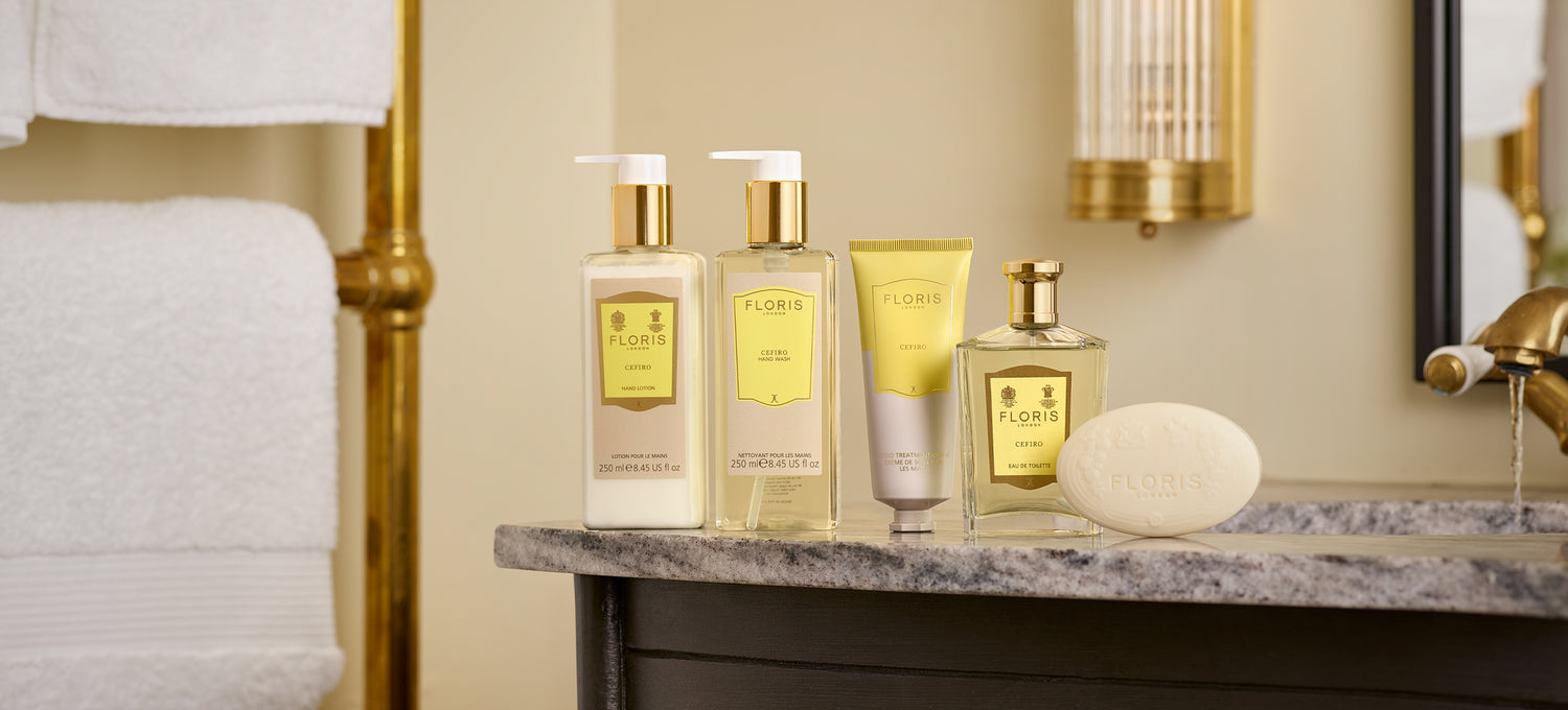 The Cefiro collection displayed on a bathroom sink.