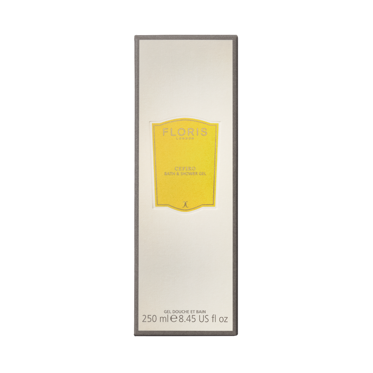 A rectangular box of Floris London Cefiro - Moisturising Bath & Shower Gel, 250ml, with a citrus scent and yellow label on cream for a luxe experience.