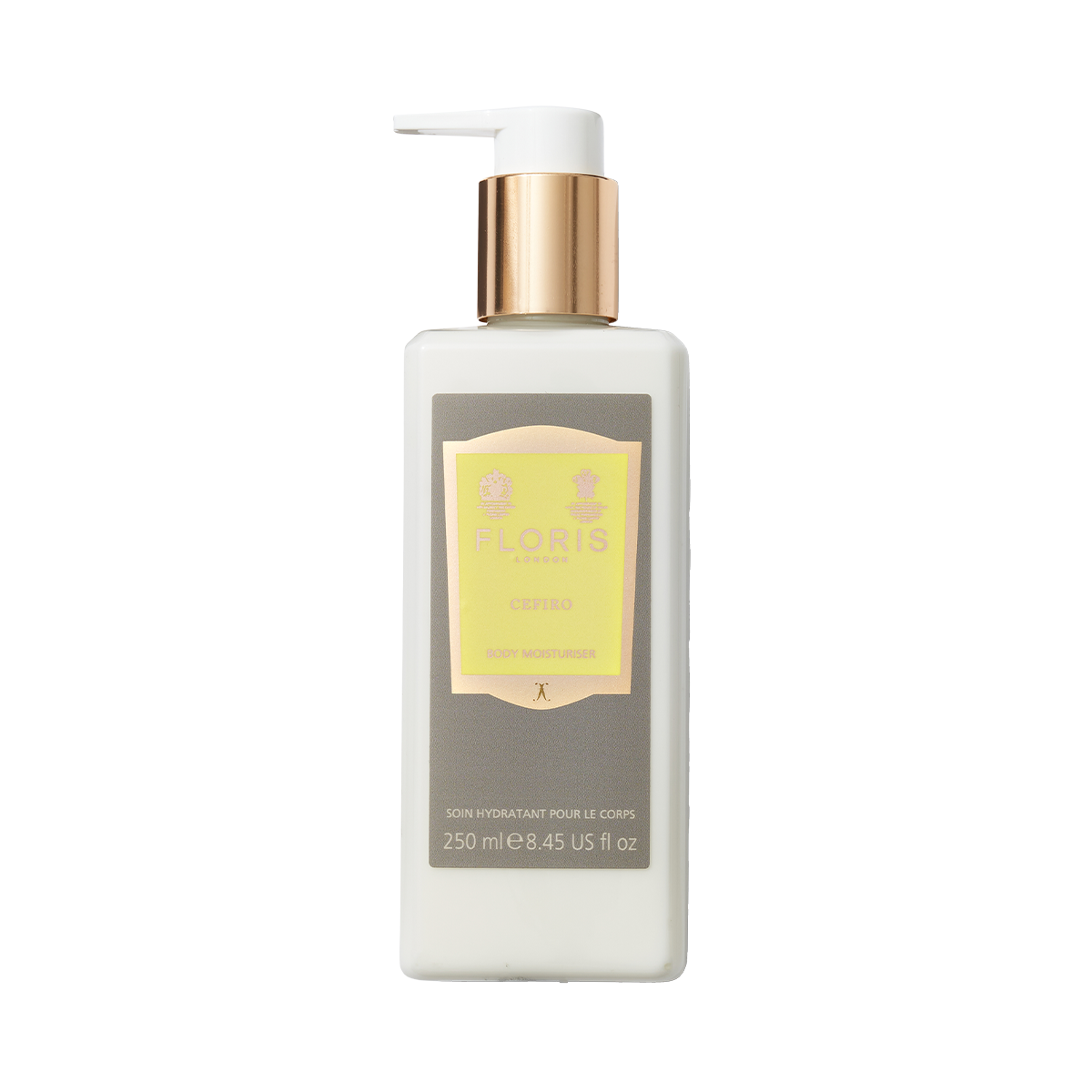 A 250ml rectangular bottle of Floris London Cefiro - Enriched Body Moisturiser with vitamin E, gold pump, and yellow label.