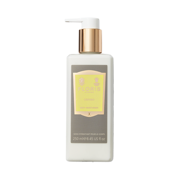 A 250ml rectangular bottle of Floris London Cefiro - Enriched Body Moisturiser with vitamin E, gold pump, and yellow label.