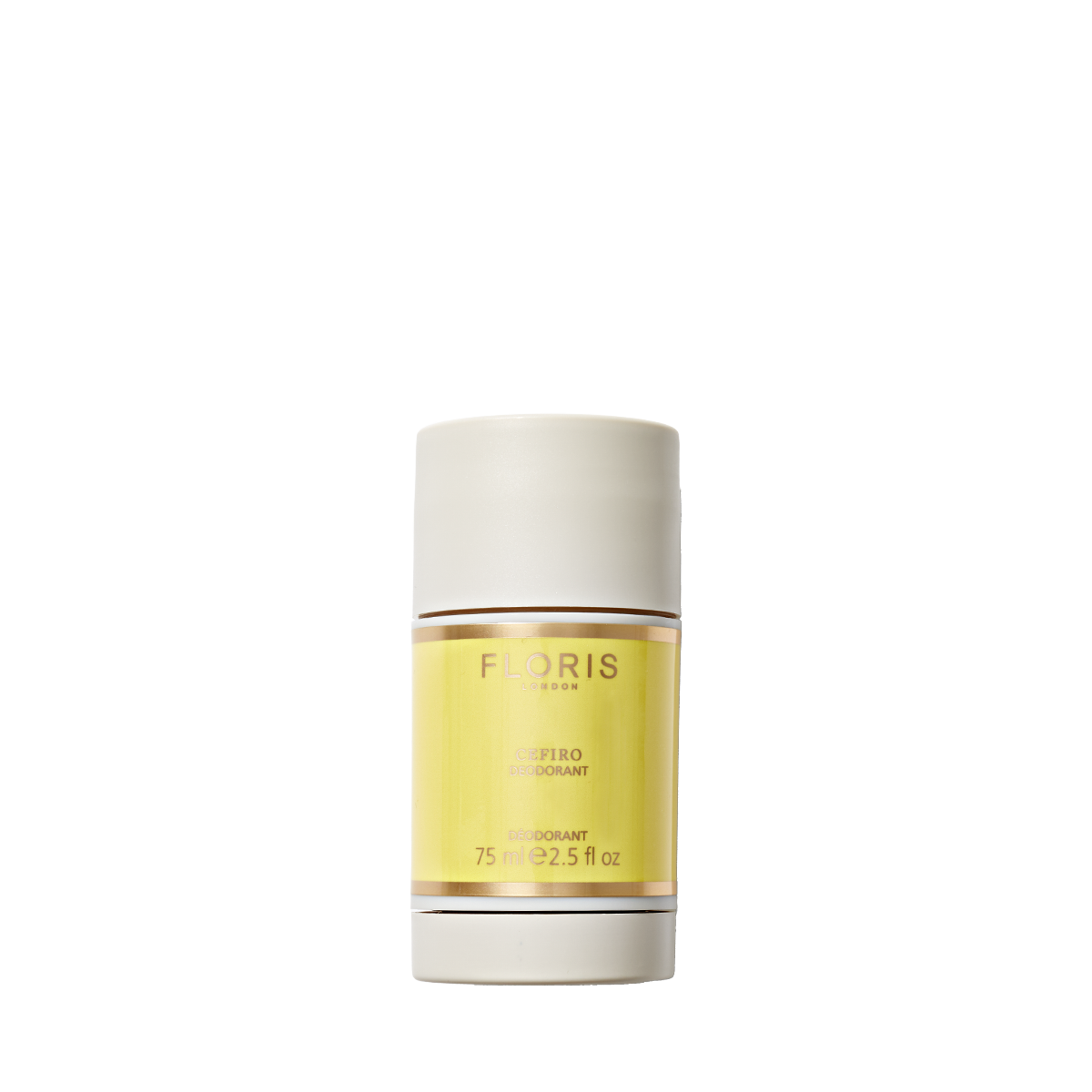 A yellow and white Floris London Cefiro Deodorant Stick, 75 ml, is shown upright on a white background—antibacterial and ideal for sensitive skin.