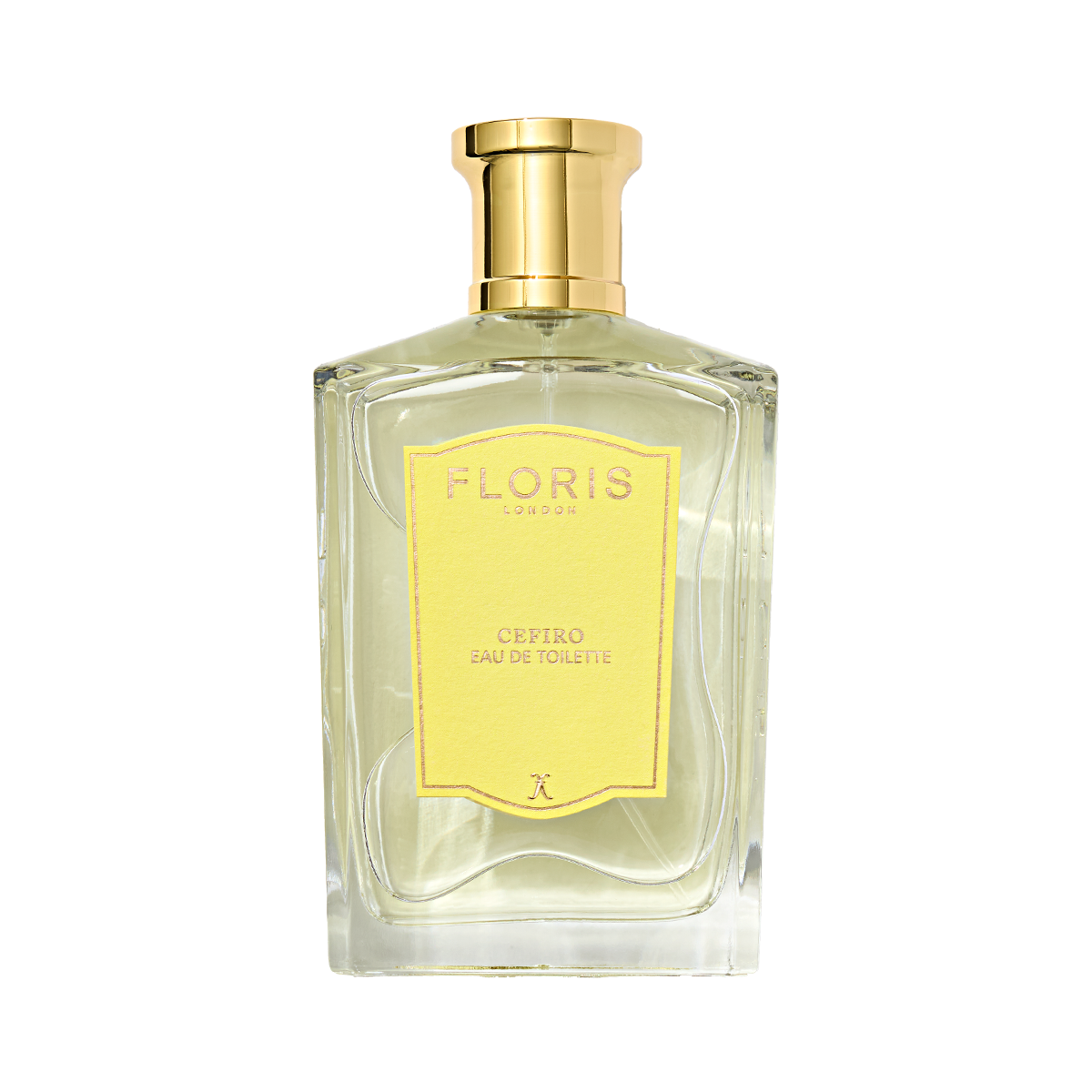 A clear glass bottle of Floris London Cefiro – Eau de Toilette with a gold cap and yellow label, featuring a unisex citrus fragrance.
