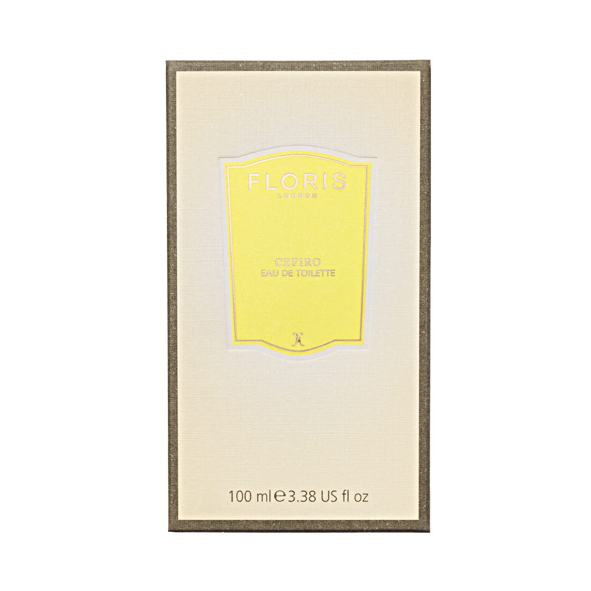 Front view of a Floris London Cefiro Eau de Toilette box with a yellow label and product details for this unisex fragrance, 100 ml (3.38 US fl oz).