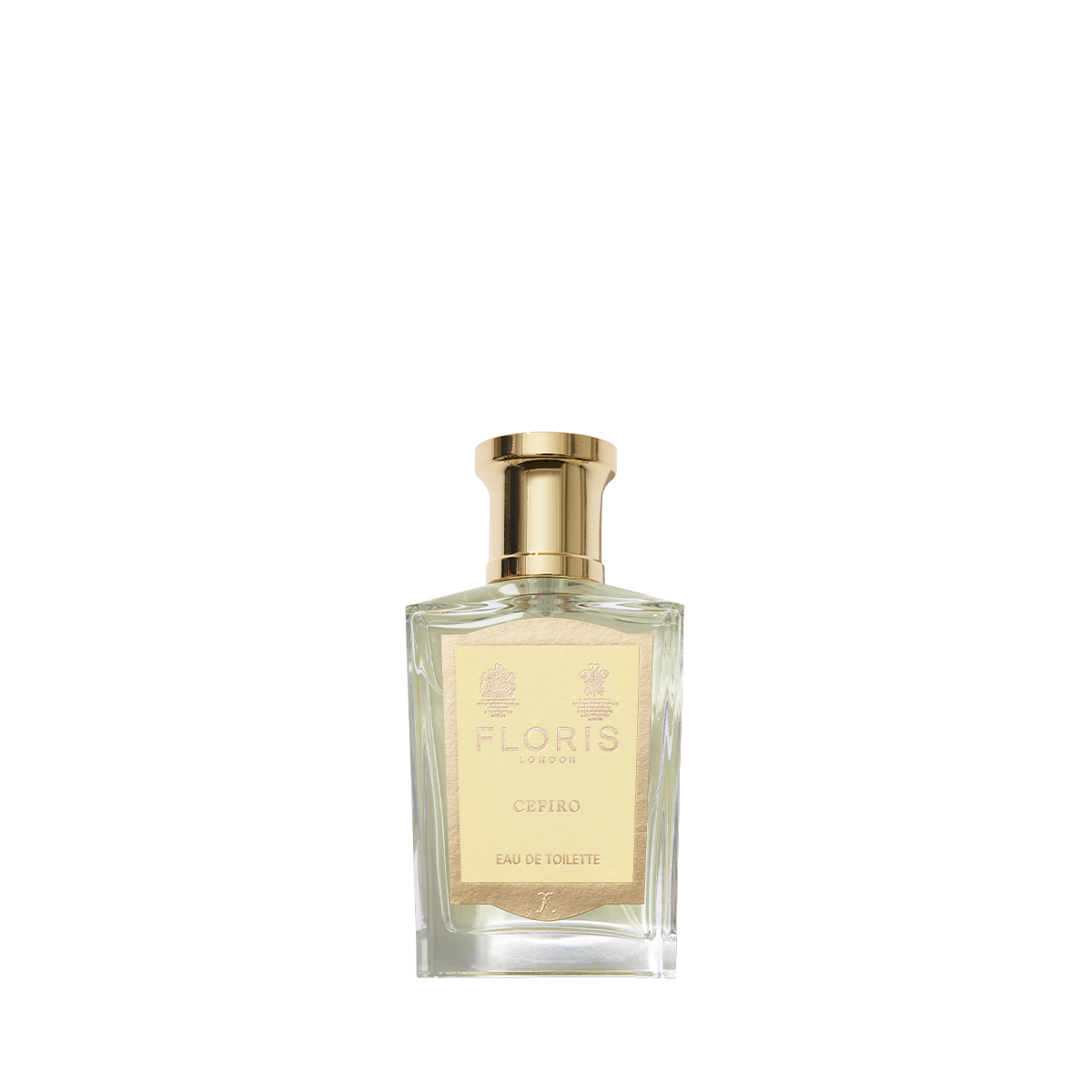 A clear glass bottle of Floris London Cefiro - Eau de Toilette, a citrus unisex fragrance, with a gold cap and label set against a white background.