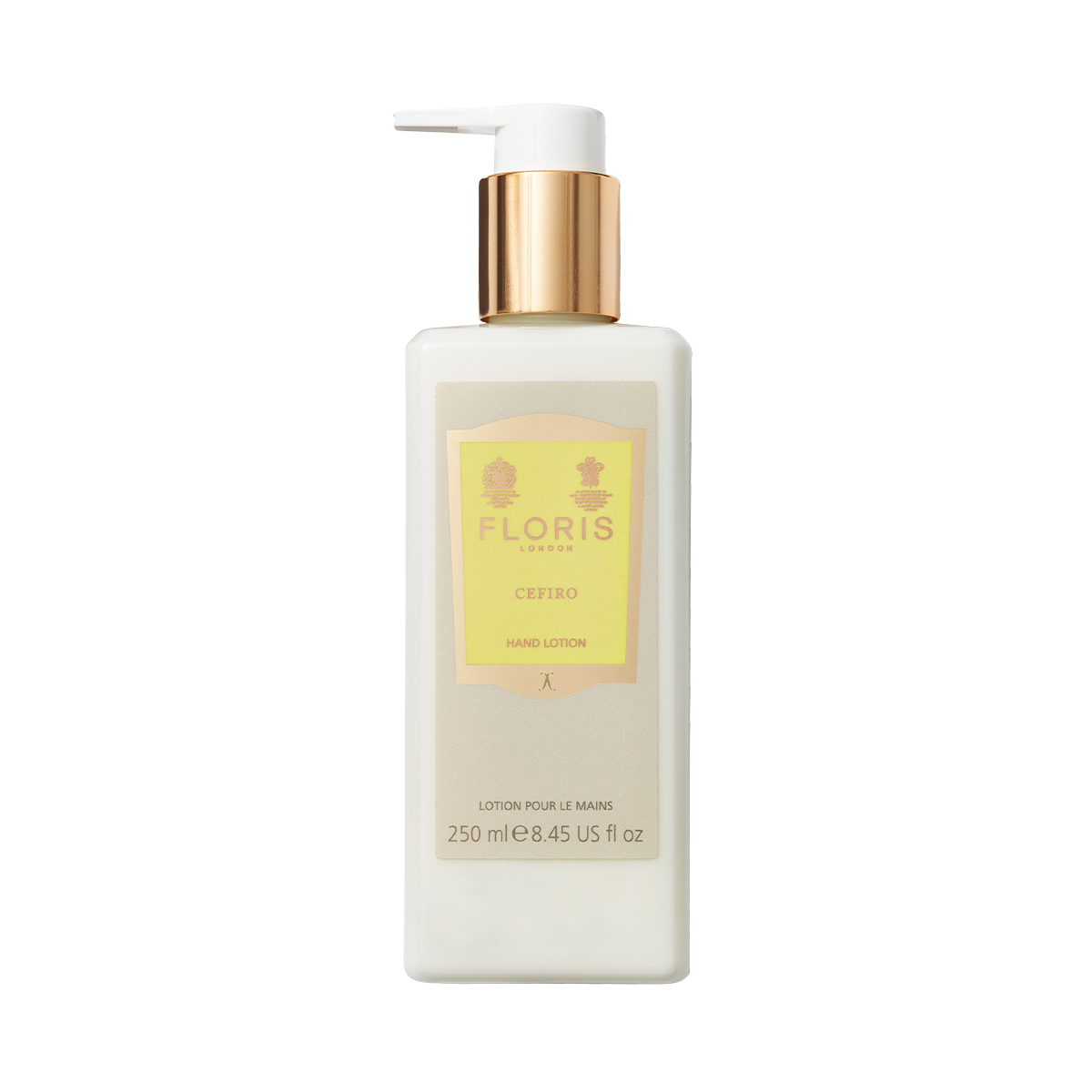 A rectangular white Floris London Cefiro - Luxury Hand Lotion, 250ml, with sweet almond oil, gold pump, and yellow label.