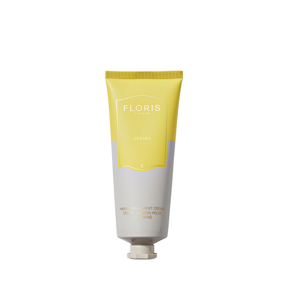 A yellow and gray tube of Floris London Cefiro - Hand Treatment Cream stands upright against a plain white background.