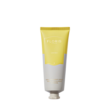 A yellow and gray tube of Floris London Cefiro - Hand Treatment Cream stands upright against a plain white background.