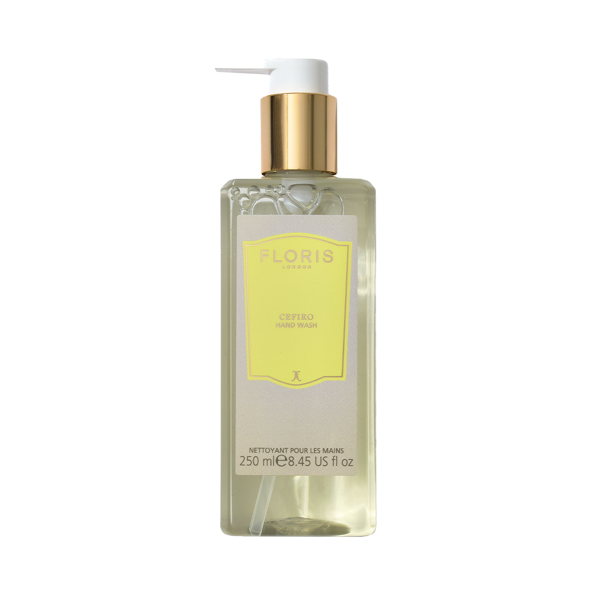 A 250ml clear pump bottle of Floris London Cefiro - Luxury Hand Wash with a citrus floral scent, gold dispenser, and yellow label.