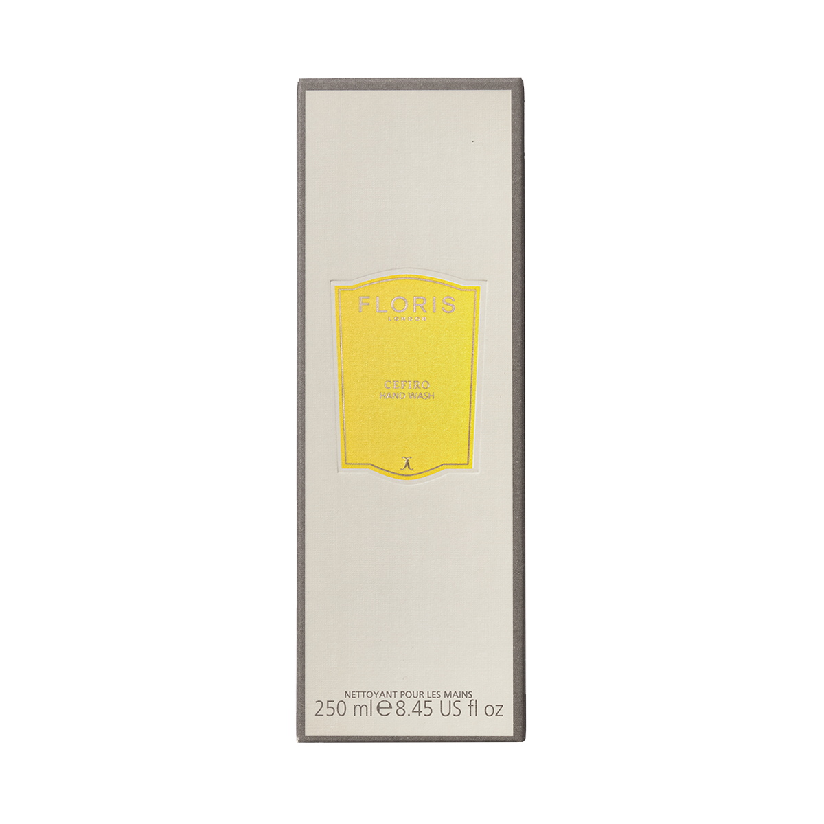 A rectangular bottle of Floris London Cefiro Luxury Hand Wash, citrus floral scented with yellow details, contains 250ml (8.45 US fl oz).