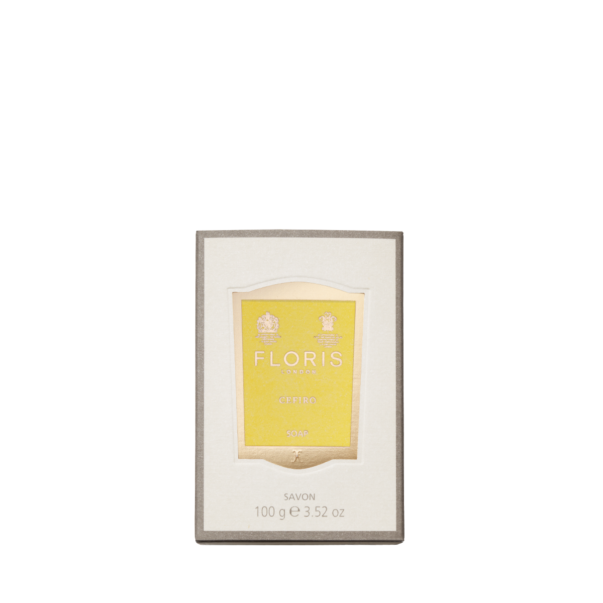 Floris London Cefiro Soap, 100g, features a citrus scent and yellow label in a light-colored box with a gray border.