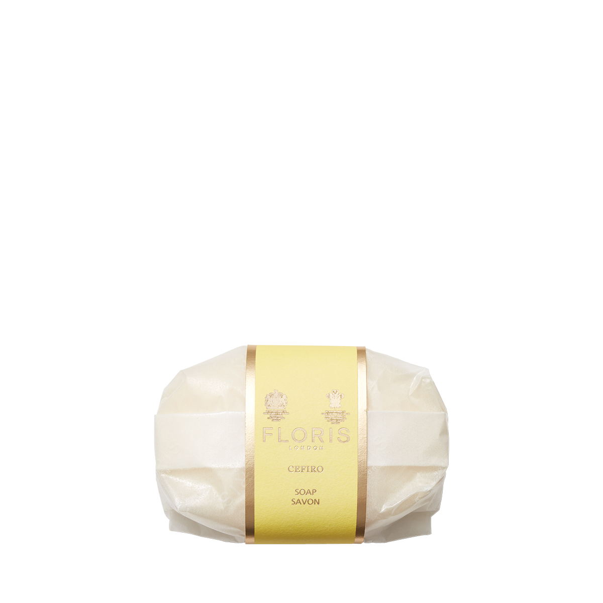 A bar of Floris London Cefiro Soap with a citrus scent, wrapped in translucent paper with a gold and yellow label, set on a plain white background.
