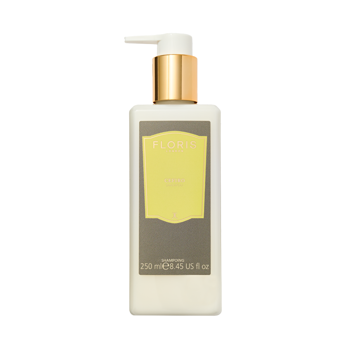 A 250ml rectangular Floris London Cefiro Conditioning Shampoo bottle with a gold pump and yellow label.