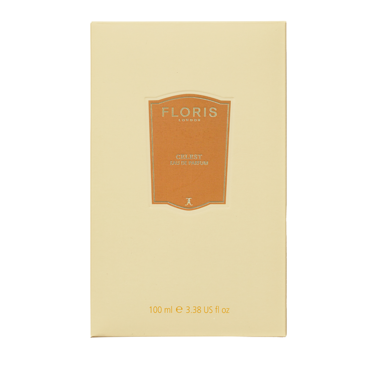 A beige box of Floris London EU Celest Eau de Parfum, 100 ml (3.38 fl oz), featuring an orange label with gold text on the front.
