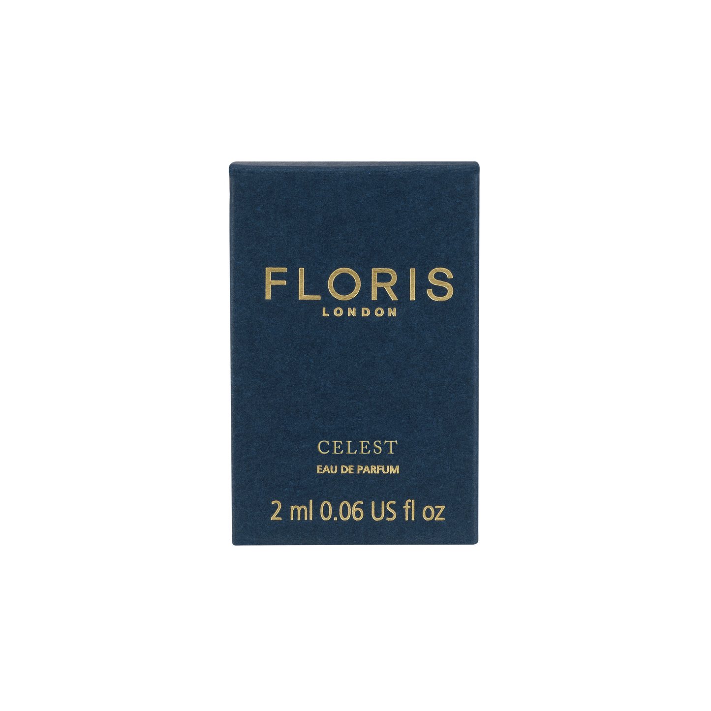 A blue box of Floris London EU Celest - Eau de Parfum, 2 ml, with gold text on the front shown against a plain white background.