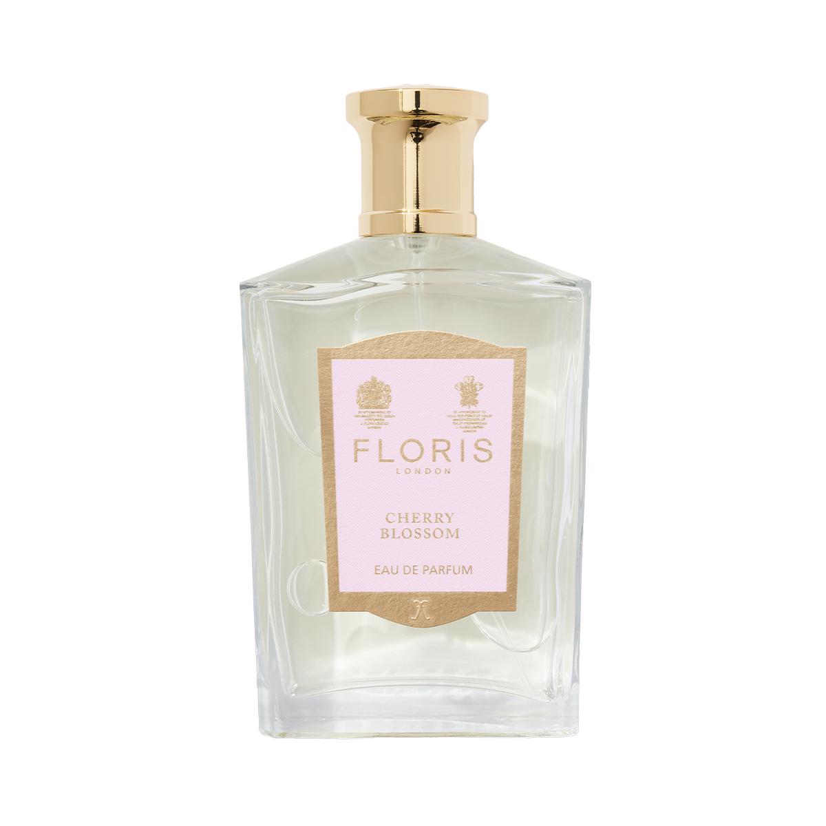 A clear glass bottle of Floris London Cherry Blossom – Eau de Parfum, a floral fruity scent ideal for spring, displayed against a white background.