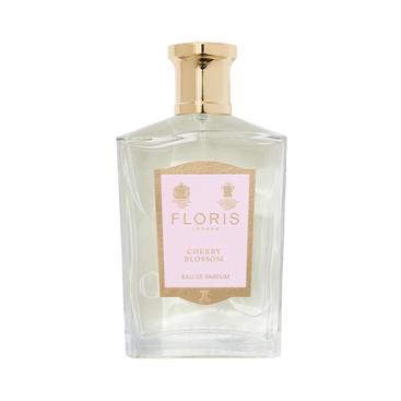 A clear glass bottle of Floris London Cherry Blossom – Eau de Parfum, a floral fruity scent ideal for spring, displayed against a white background.