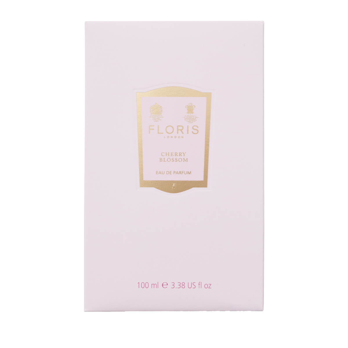 A rectangular pale pink box of Floris London Cherry Blossom Eau de Parfum, 100ml, with a gold and white front label and a floral fruity scent.