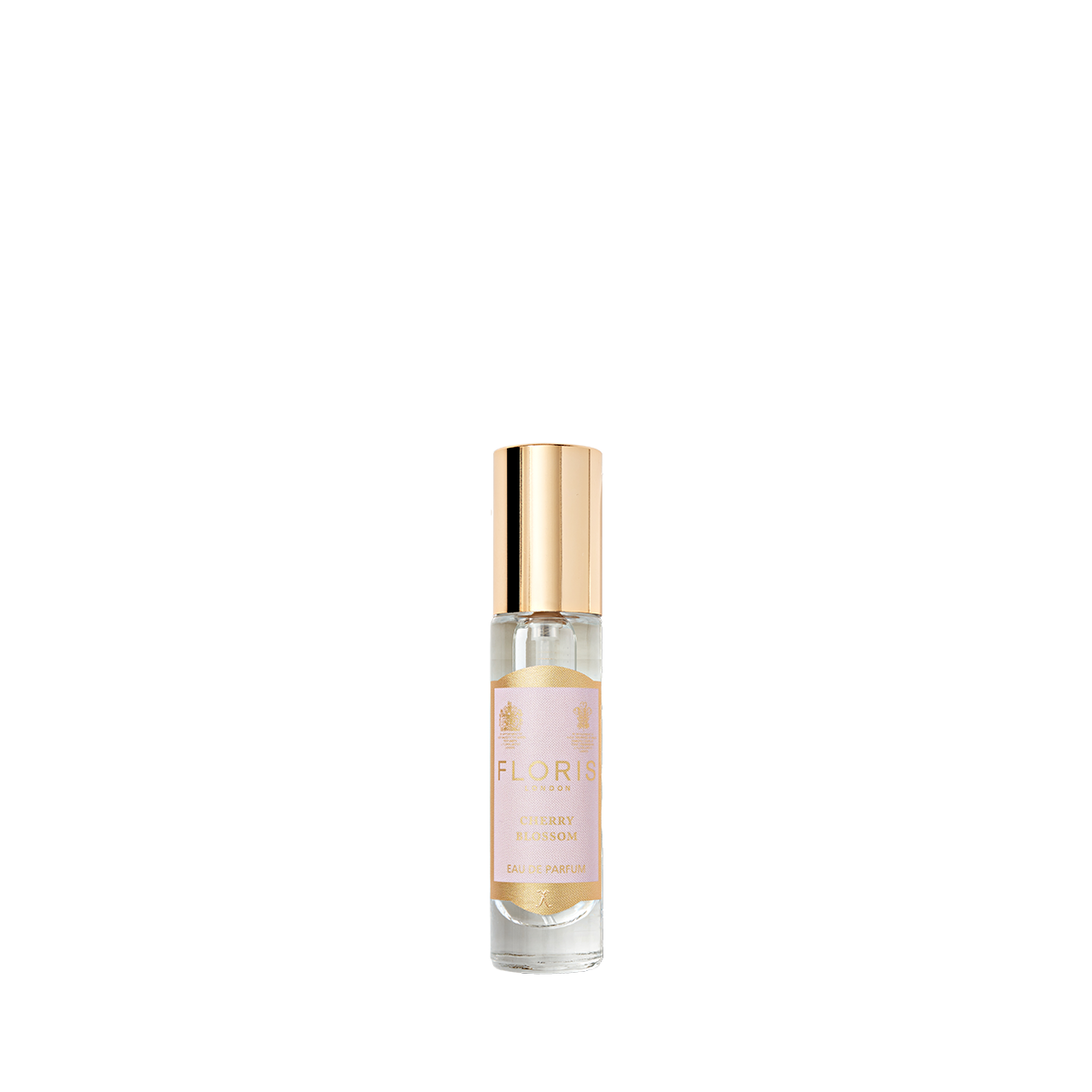 A small glass bottle of Floris London Cherry Blossom - Eau de Parfum, a floral fruity scent with a gold cap, shown on a plain white background.