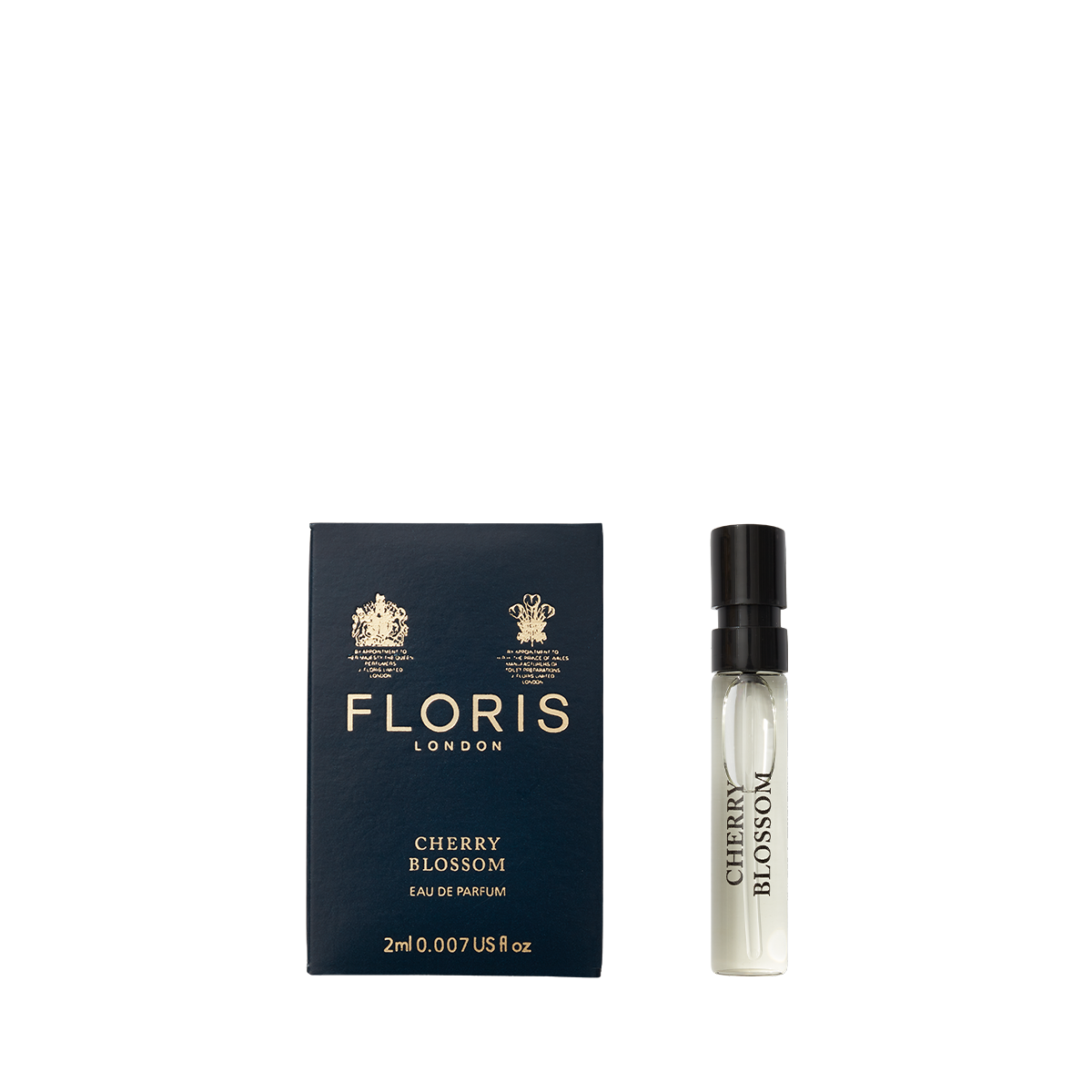 A 2ml sample vial of Floris London Cherry Blossom - Eau de Parfum, a floral fruity scent, is shown next to its navy blue box with gold crests.