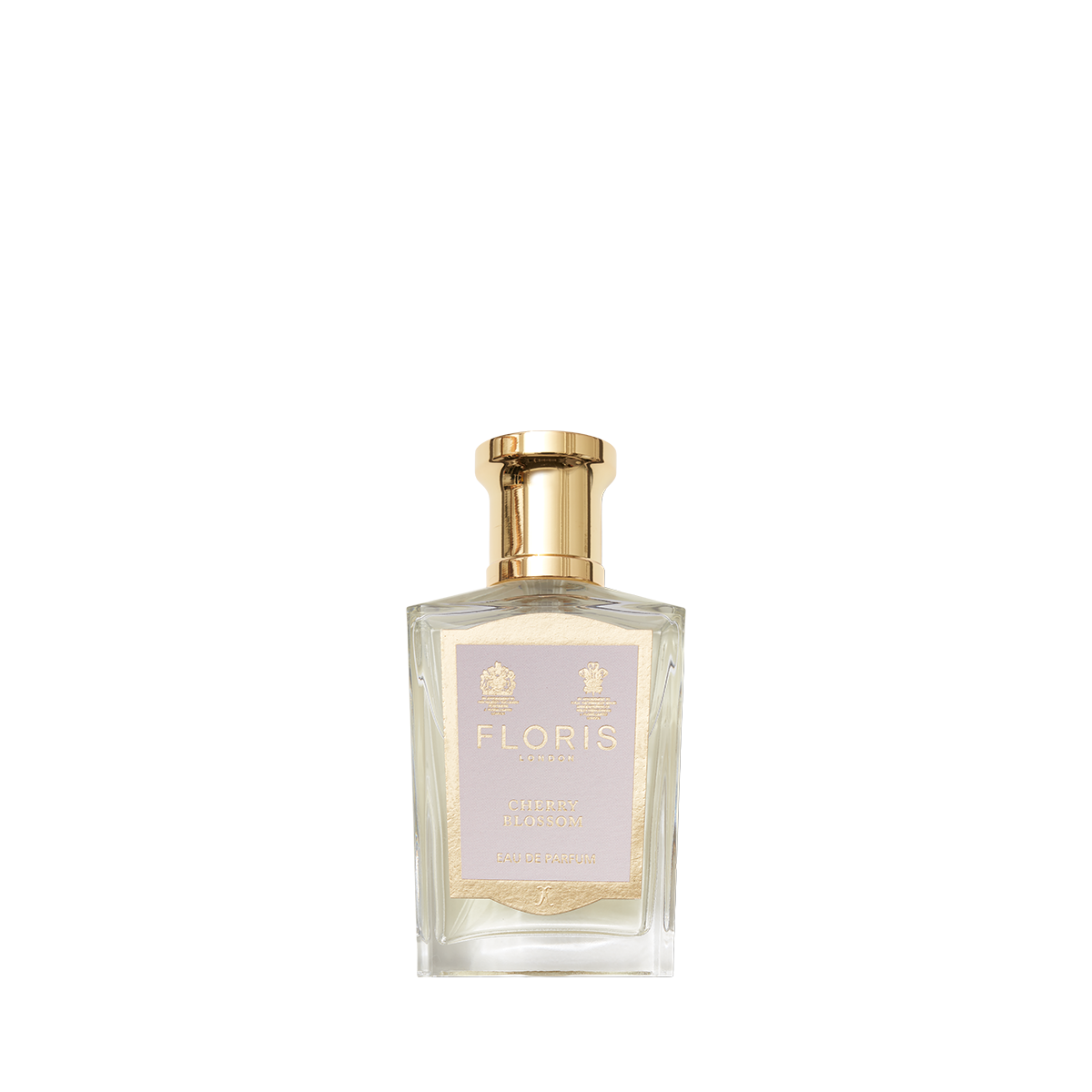 Floris London Cherry Blossom - Eau de Parfum: a floral fruity scent in a clear glass bottle with gold cap and pink label—perfect for spring.