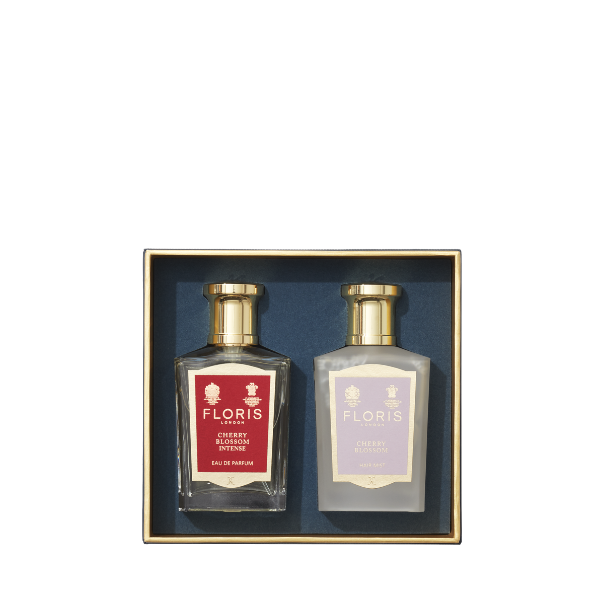 The Floris London EU Cherry Blossom Duet gift set features two fragrances in gold-capped bottles, beautifully boxed for a luxurious presentation.