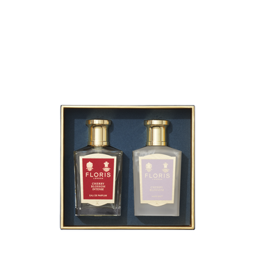 The Floris London EU Cherry Blossom Duet gift set features two fragrances in gold-capped bottles, beautifully boxed for a luxurious presentation.