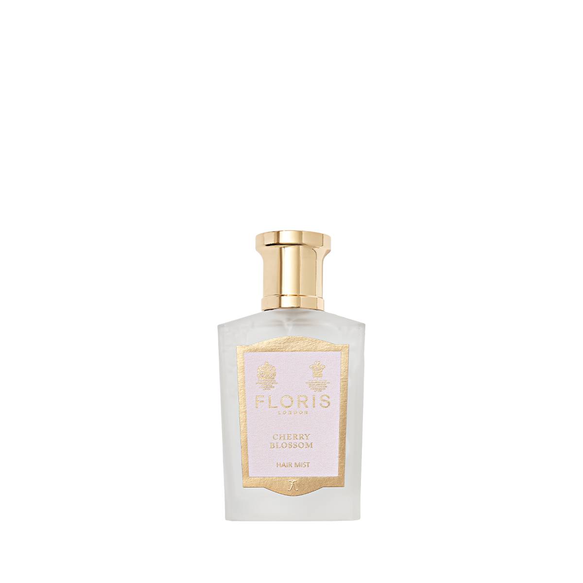 Floris London Cherry Blossom Hair Mist—a clear glass bottle with a gold cap and gold-trimmed label—displayed on a plain white background.