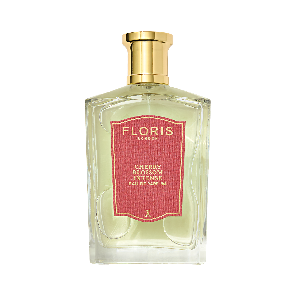 A clear glass bottle of Floris London Cherry Blossom Intense - Eau de Parfum with a gold cap and red label, set against a plain background.