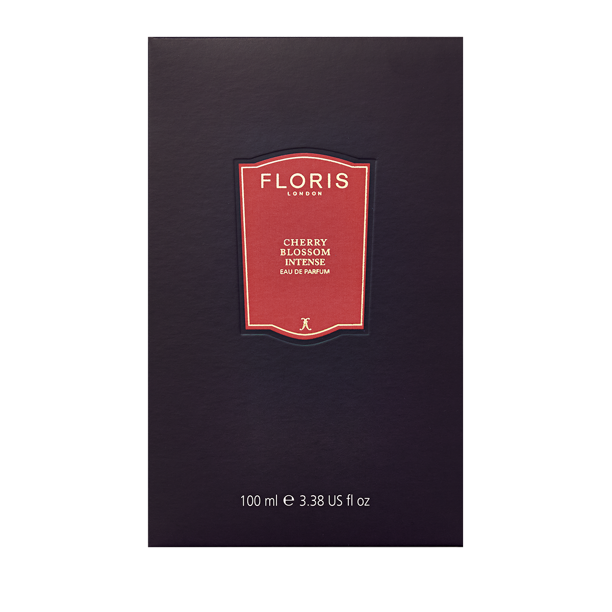 A rectangular box of Floris London Cherry Blossom Intense - Eau de Parfum, 100 ml, with a red label set against a dark background.