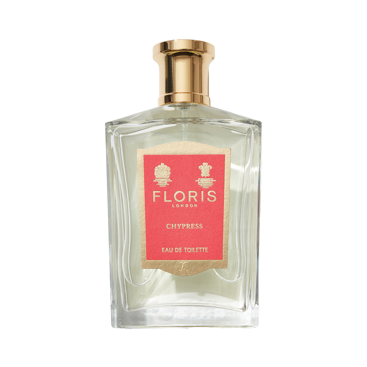 A clear glass bottle of Floris London Chypress - Eau de Toilette, a floral chypre, has a gold cap and a pink front label.