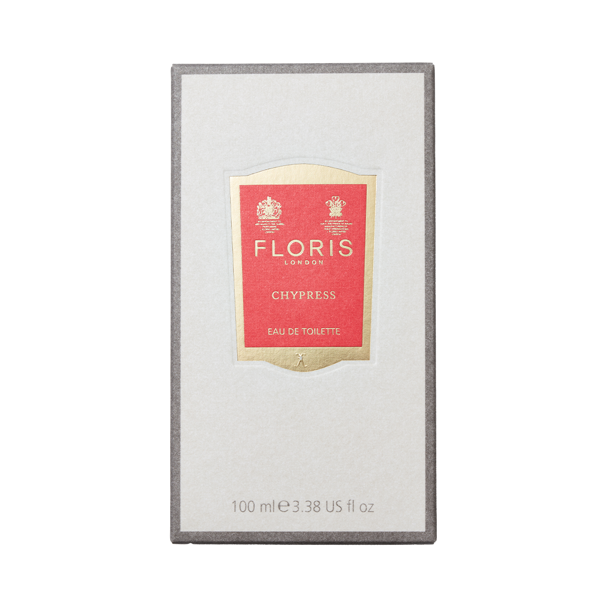 A box of Floris London Chypress - Eau de Toilette, a floral chypre with bergamot zest, with a red and gold label on a gray and white background.