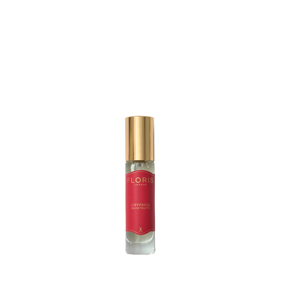 A small Floris London Chypress Eau de Toilette bottle with a gold cap and red label, featuring floral chypre notes, on a white background.