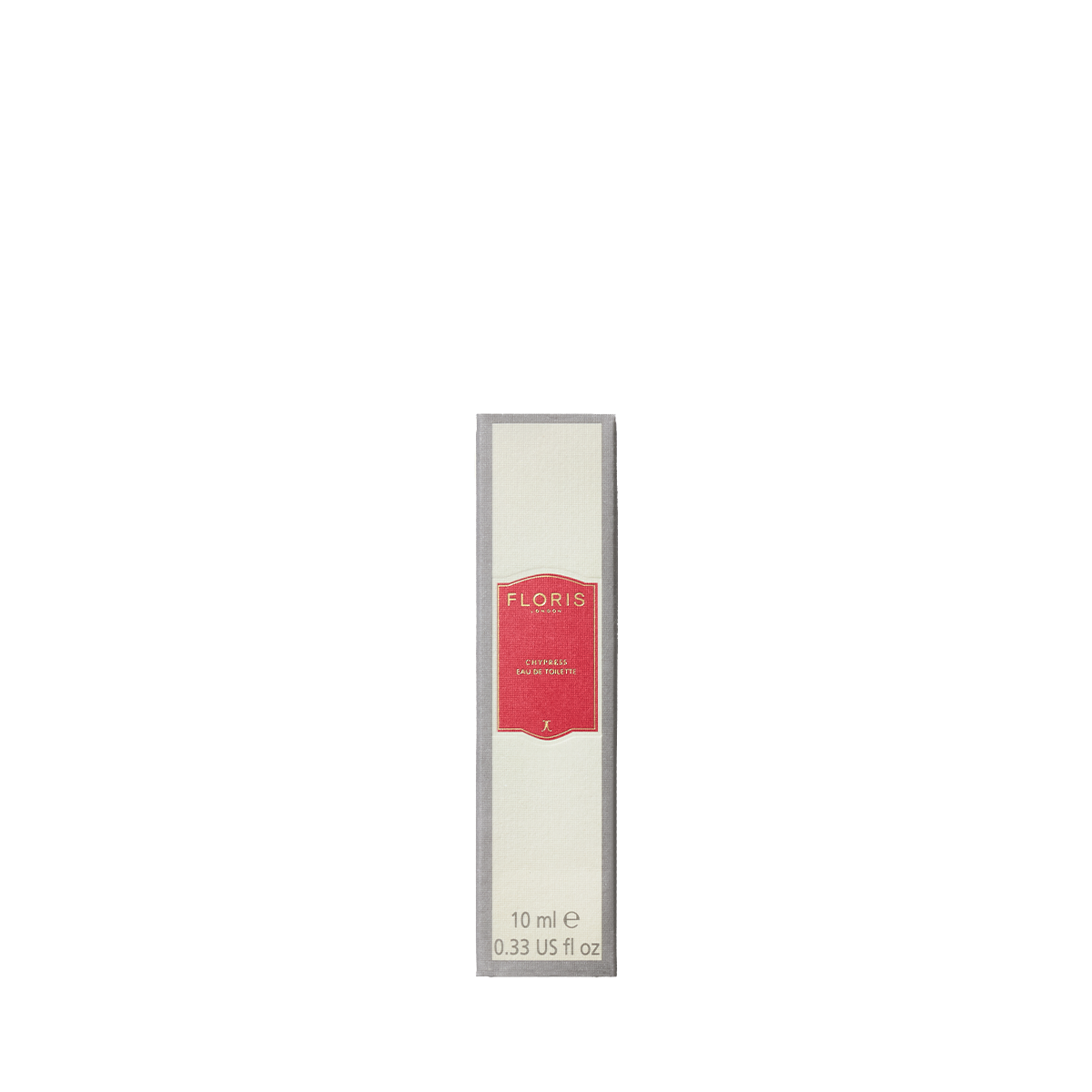 A rectangular box of Floris London perfume, labeled “Chypress Eau de Toilette,” with a red and white design, contains 10 ml of bergamot-zest notes.