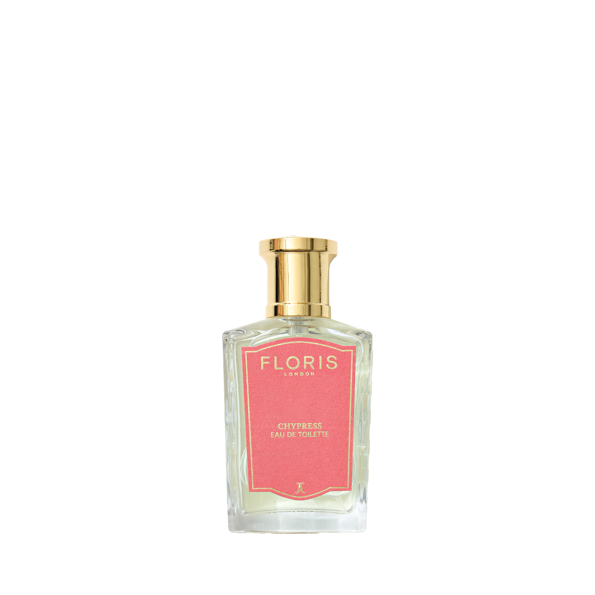 A clear glass bottle of Floris London Chypress Eau de Toilette, featuring bergamot zest and floral chypre notes, sits against a white background.
