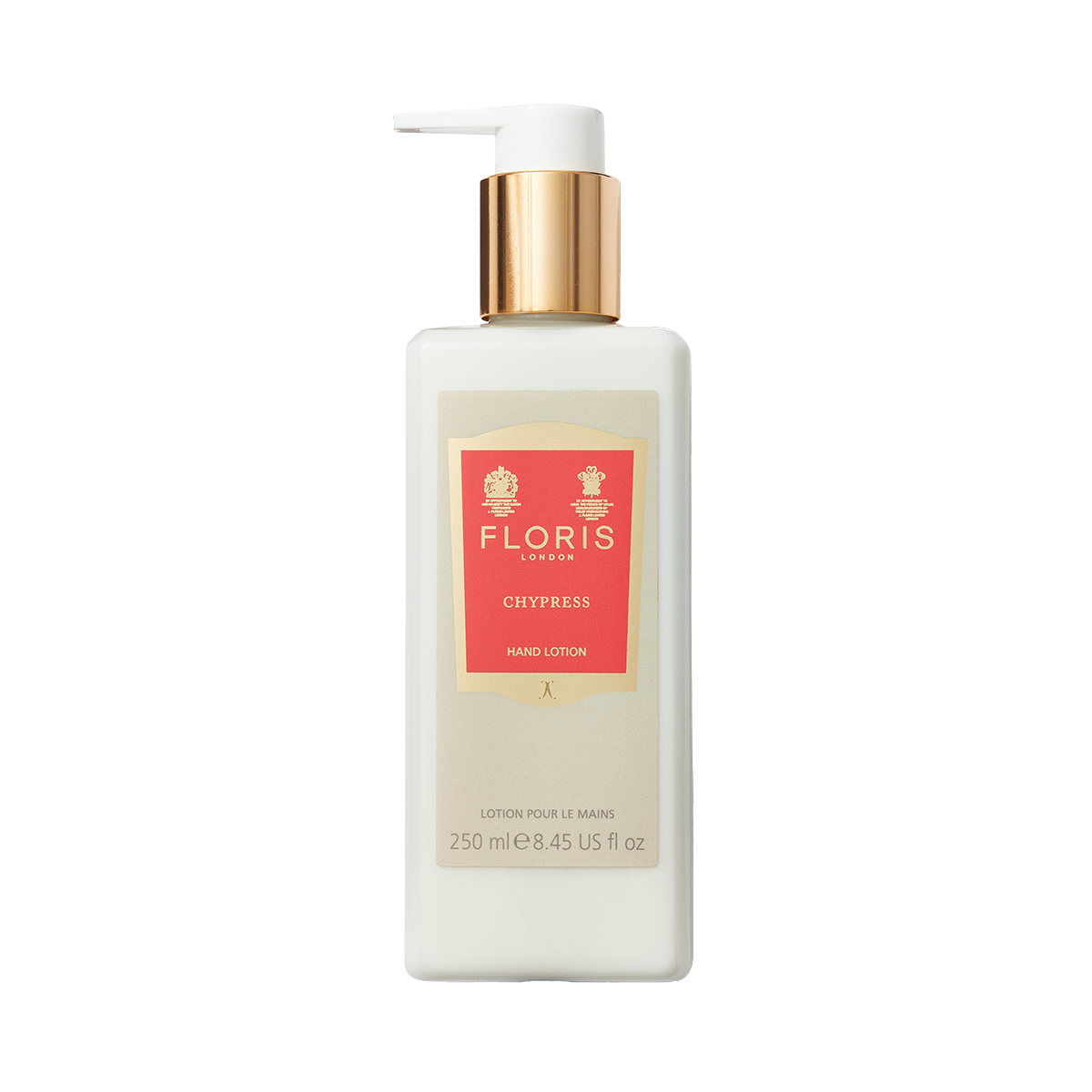 Floris London Chypress - Luxury Hand Lotion, 250 ml (8.45 fl oz), with gold pump and sweet almond oil to nourish dry skin.