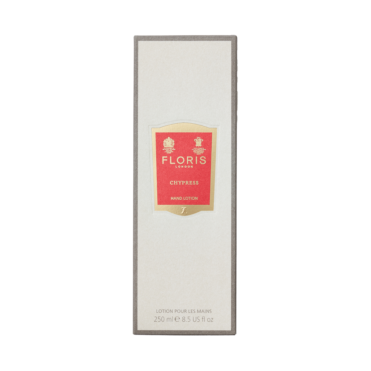 Floris London Chypress - Luxury Hand Lotion, 250ml, with sweet almond oil in a cream and gold box with red accent—perfect for dry skin.