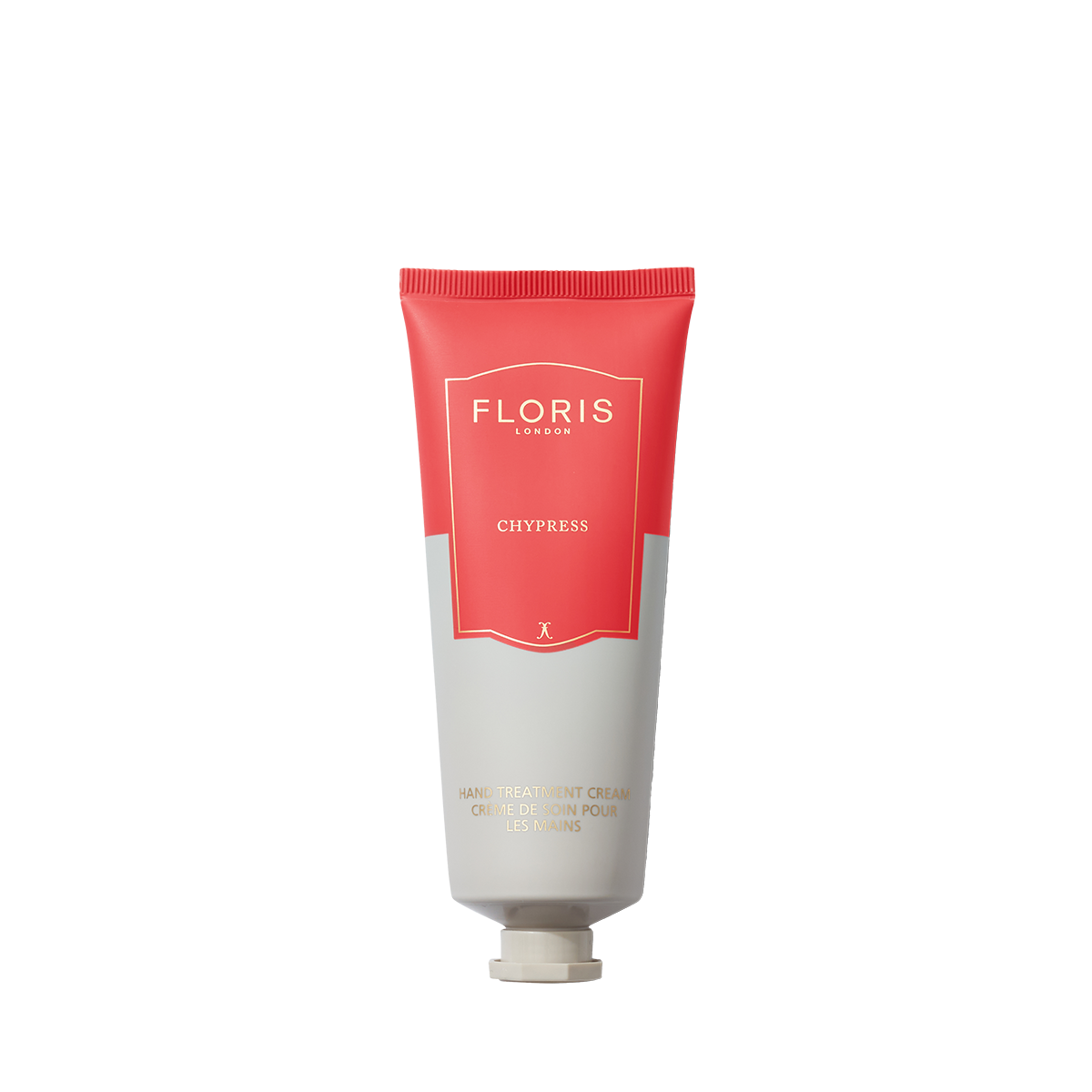 A tube of Floris London Chypress - Hand Treatment Cream with a coral and light gray design stands upright against a plain white background.