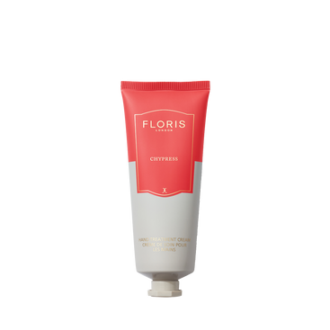 A tube of Floris London Chypress - Hand Treatment Cream with a coral and light gray design stands upright against a plain white background.